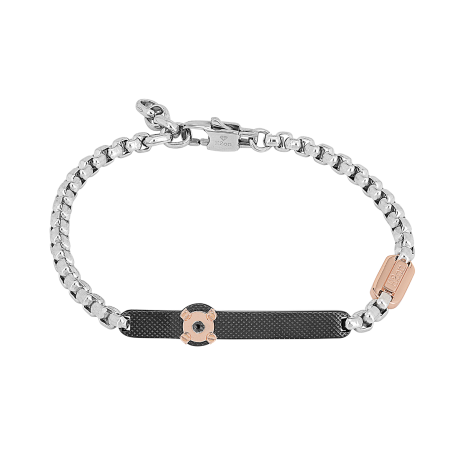 Ocelový náramek s řetízkem a vroubkovanou destičkou z černého PVD a černým diamantem (0,025 ct)