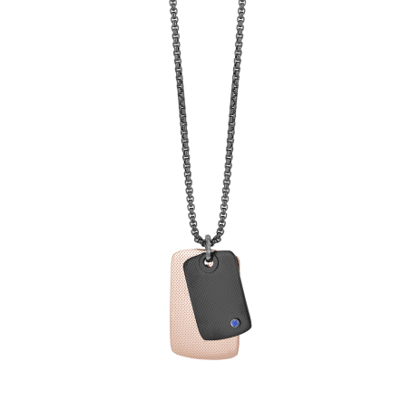 Black PVD steel necklace, black and rosé PVD knurled plates with Natural Sapphire (0.032 ct)